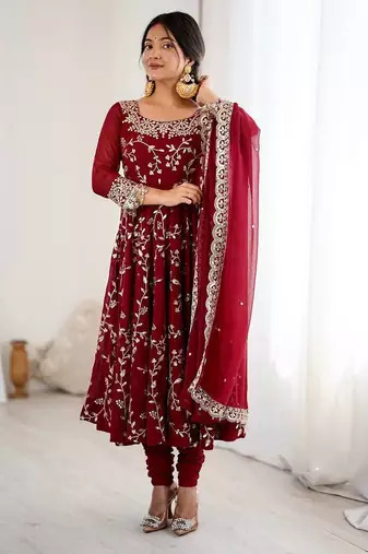 Maroon color hevay faux georgette embroidery work gown