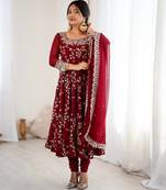 Maroon hevay faux georgette embroidery work gown