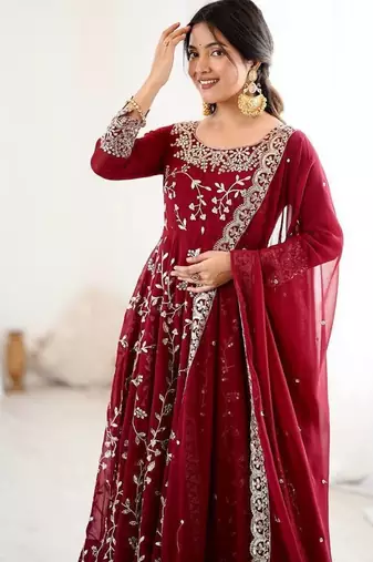 Maroon hevay faux georgette embroidery work gown