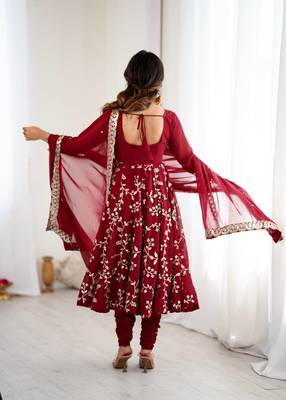 Maroon hevay faux georgette embroidery work gown 5