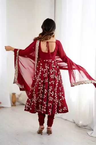 Maroon hevay faux georgette embroidery work gown