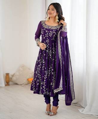 Purple hevay faux georgette embroidery work gown 1