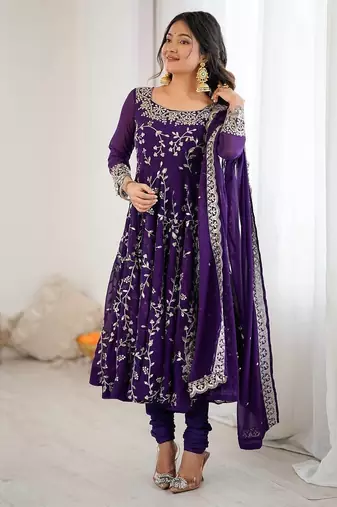 Purple color hevay faux georgette embroidery work gown
