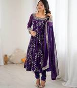 Purple hevay faux georgette embroidery work gown