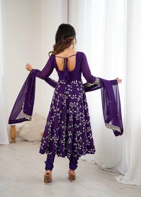 Purple hevay faux georgette embroidery work gown 3