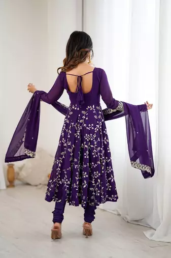 Purple hevay faux georgette embroidery work gown
