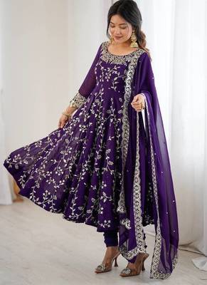 Purple hevay faux georgette embroidery work gown 4