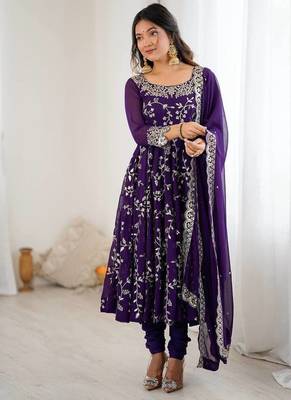 Purple hevay faux georgette embroidery work gown 5