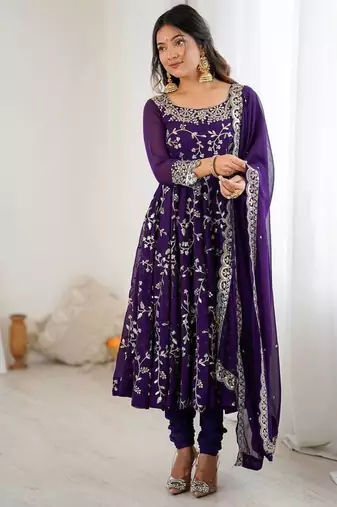 Purple hevay faux georgette embroidery work gown