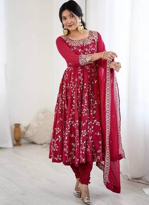 Red hevay faux georgette embroidery work gown 1