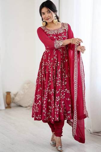 Red color hevay faux georgette embroidery work gown
