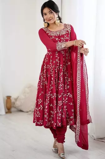 Red color hevay faux georgette embroidery work gown