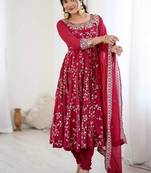 Red hevay faux georgette embroidery work gown