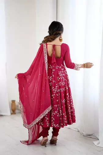 Red hevay faux georgette embroidery work gown
