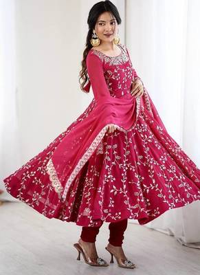 Red hevay faux georgette embroidery work gown 4