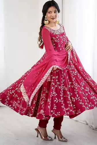 Red hevay faux georgette embroidery work gown