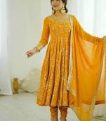 Yellow hevay faux georgette embroidery work gown
