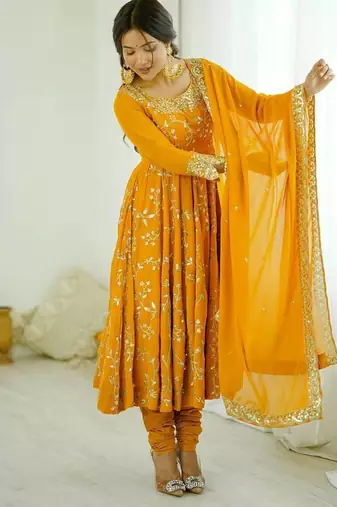 Yellow hevay faux georgette embroidery work gown