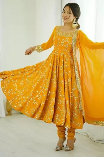 Yellow hevay faux georgette embroidery work gown