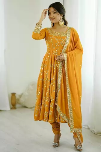 Yellow hevay faux georgette embroidery work gown