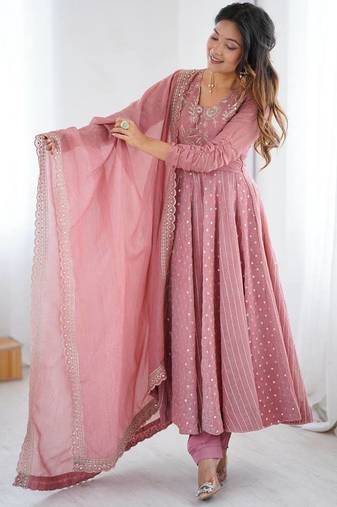 Baby pink color heavy crunchy silk embroidery work gown