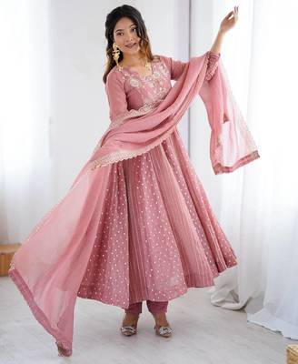 Peach Color heavy crunchy silk embroidery work gown 4