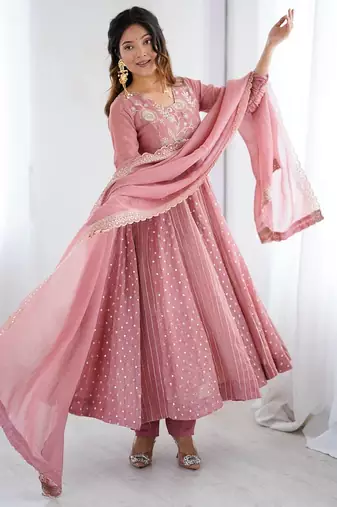 Peach Color heavy crunchy silk embroidery work gown