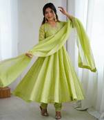 Pista green heavy crunchy silk embroidery work gown
