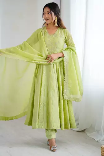 Pista green heavy crunchy silk embroidery work gown