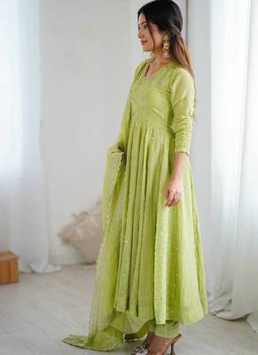 Pista green heavy crunchy silk embroidery work gown 4