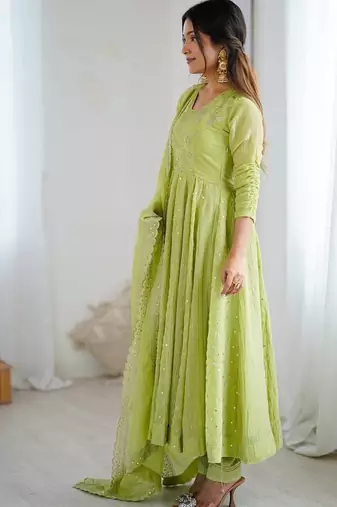 Pista green heavy crunchy silk embroidery work gown