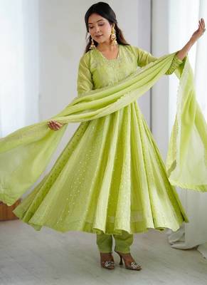 Pista green heavy crunchy silk embroidery work gown 5