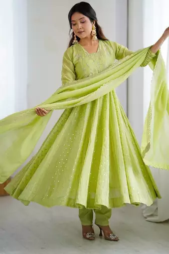 Pista green heavy crunchy silk embroidery work gown
