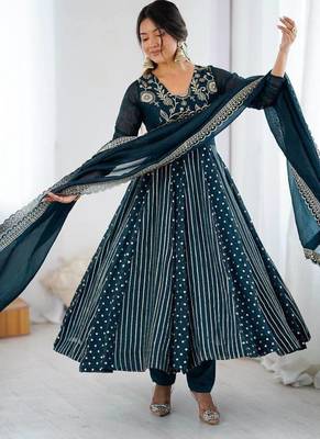 Teal heavy crunchy silk embroidery work gown 1