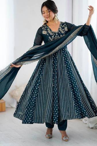 Teal color heavy crunchy silk embroidery work gown