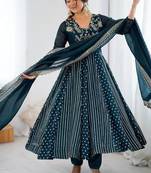 Teal heavy crunchy silk embroidery work gown