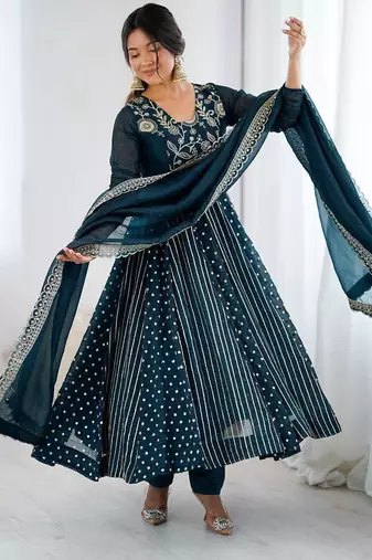Teal heavy crunchy silk embroidery work gown