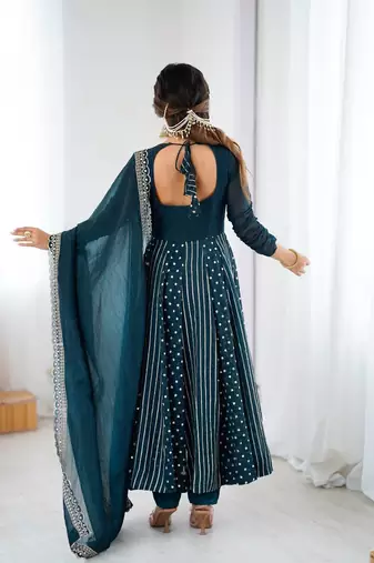 Teal heavy crunchy silk embroidery work gown
