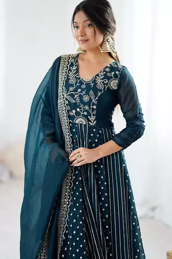 Teal heavy crunchy silk embroidery work gown