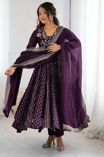 Violet color heavy crunchy silk embroidery work gown