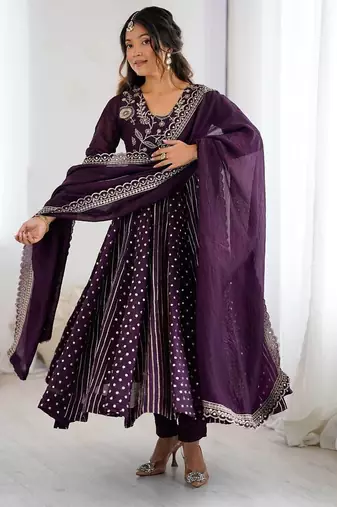 Violet color heavy crunchy silk embroidery work gown