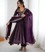 Violet heavy crunchy silk embroidery work gown