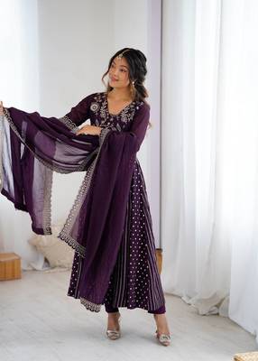 Violet heavy crunchy silk embroidery work gown 3