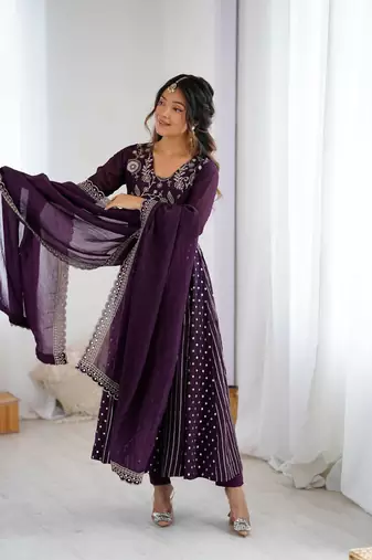 Violet heavy crunchy silk embroidery work gown