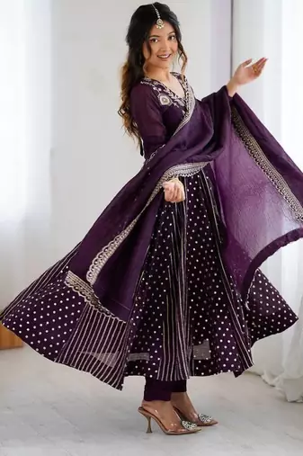 Violet heavy crunchy silk embroidery work gown