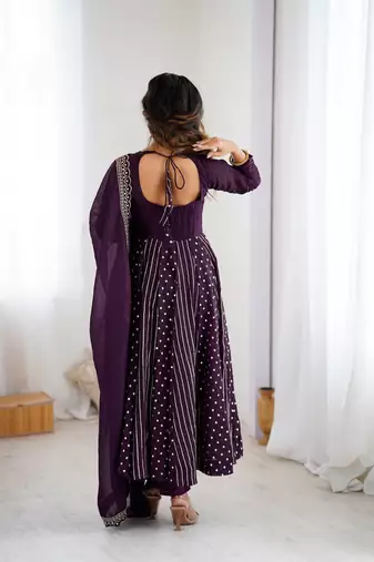 Violet heavy crunchy silk embroidery work gown