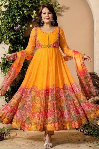 Multi color organza silk with digital print with embroideyr gown