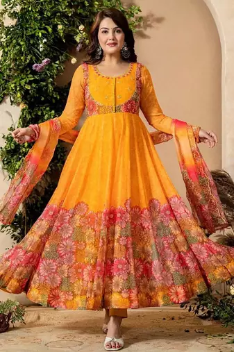 Multi color organza silk with digital print with embroideyr gown