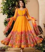 Multi color organza silk with digital print with embroideyr gown