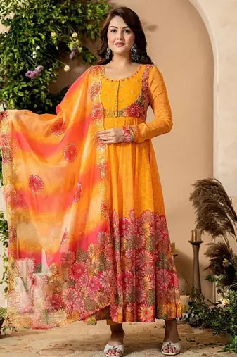 Multi organza silk with digital print with embroideyr gown